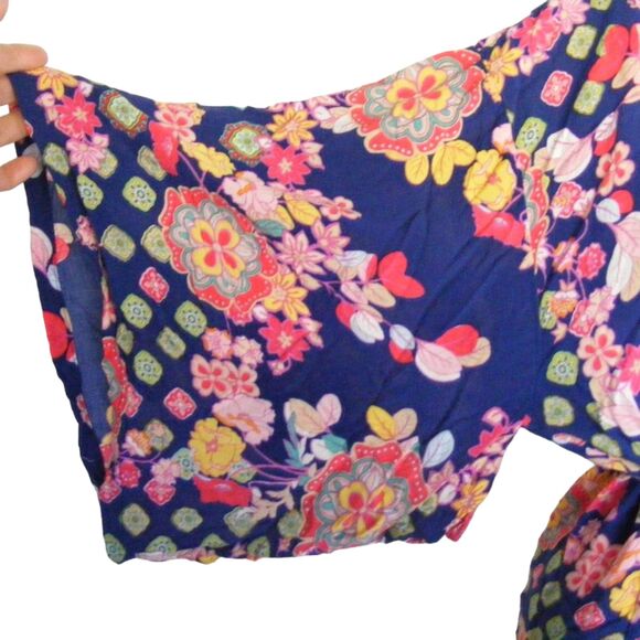 JOSIE Natori Kimono Robe, M, Blue, Multicolor floral, Short, Sash belt, Rayon - Picture 2 of 13